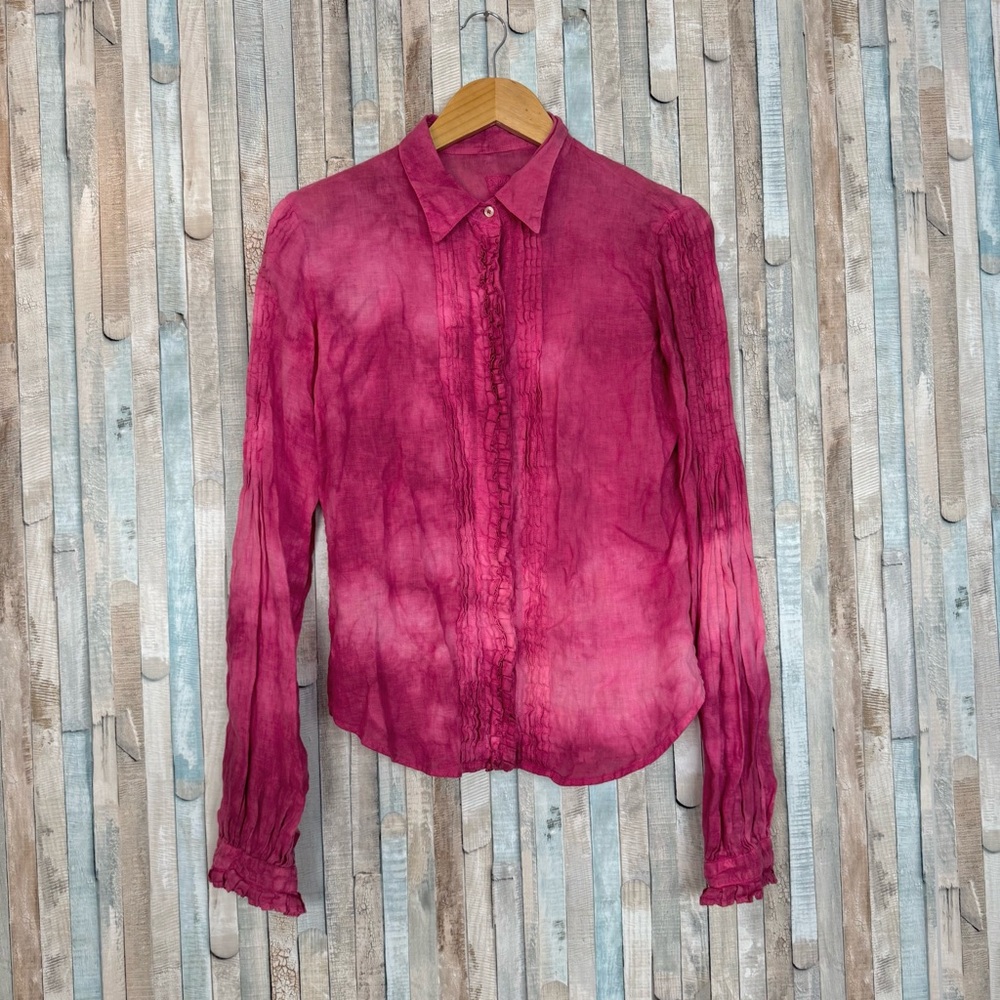 120% Lino M 44 Tie Dye Linen Pintuck Ruffle Shirt Top Boho Blouse Italian $458